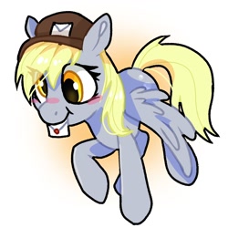 Size: 1280x1280 | Tagged: safe, artist:lovelock, derpibooru import, derpy hooves, pegasus, pony, g4, blushing, female, gradient background, hat, letter, mailmare, mailmare hat, mare, mouth hold, solo