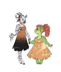 Size: 2200x2600 | Tagged: safe, artist:lesghostie, derpibooru import, tree hugger, zecora, anthro, earth pony, unguligrade anthro, zebra, g4, afro mane, breasts, cleavage, clothes, dreadlocks, dress, duo, duo female, ear piercing, earring, eyes closed, female, height difference, jewelry, lesbian, mare, nose piercing, nose ring, piercing, shipping, shortstack, simple background, smiling, transparent background, treecora