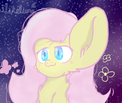 Size: 604x512 | Tagged: safe, artist:ilikeluna, derpibooru import, fluttershy, butterfly, pegasus, pony, g4, big ears, ears, female, flower, fluffy, mare