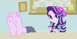 Size: 1311x671 | Tagged: safe, artist:yungdeez, derpibooru import, starlight glimmer, human, equestria girls, g4, barefoot, clothes, feet, feet on table, feet up, female, fetish, foot fetish, foot focus, looking at you, soles, toes