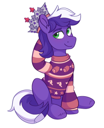 Size: 1274x1558 | Tagged: safe, artist:skysorbett, derpibooru import, oc, oc only, oc:proudy hooves, earth pony, pony, 2024 community collab, clothes, crown, cute, derpibooru community collaboration, earth pony oc, green eyes, jewelry, male, regalia, simple background, sitting, smiling, solo, stallion, sweater, tail, transparent background, two toned mane, two toned tail