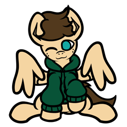 Size: 1200x1200 | Tagged: safe, artist:imlpidimon, derpibooru import, oc, oc only, oc:dimon, pegasus, 2024 community collab, clothes, derpibooru community collaboration, hoodie, looking at you, pegasus oc, simple background, solo, transparent background, wings