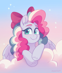 Size: 1744x2051 | Tagged: safe, artist:skysorbett, derpibooru import, oc, oc only, oc:sky sorbet, pegasus, bow, cloud, curly hair, curly mane, cute, eyebrows, female, hair bow, looking at you, mare, multicolored hair, multicolored mane, on a cloud, pegasus oc, sky, smiling, smiling at you, solo, sparkles, wings