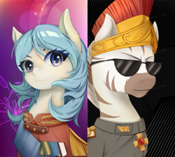 Size: 4241x3808 | Tagged: safe, artist:jijizi, derpibooru import, oc, oc:alesia snezhnaya, oc:zalathel zarca, pony, zebra, equestria at war mod, bust, clothes, female, hat, male, portrait, sunglasses, uniform