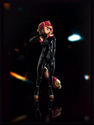 Size: 6000x8000 | Tagged: safe, artist:imafutureguitarhero, derpibooru import, sunset shimmer, anthro, classical unicorn, unguligrade anthro, unicorn, g4, 3d, adorasexy, belt, black background, border, cheek fluff, chromatic aberration, clothes, cloven hooves, colored eyebrows, colored eyelashes, cute, ear fluff, ear freckles, ears, female, film grain, floppy ears, fluffy, freckles, fur, hand on leg, hoof boots, horn, latex, latex clothes, latex suit, lens flare, leonine tail, long hair, long mane, looking at you, mare, multicolored hair, multicolored mane, multicolored tail, neck fluff, nose wrinkle, one ear down, peppered bacon, reflection, revamped anthros, revamped ponies, sexy, shiny, signature, simple background, skintight clothes, smiling, smiling at you, solo, source filmmaker, tail, unshorn fetlocks, wall of tags