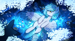 Size: 5000x2731 | Tagged: safe, artist:tyutya, derpibooru import, oc, oc only, oc:siriusnavigator, pegasus, pony, female, lying down, mare, moki, solo, spread wings, water, wings