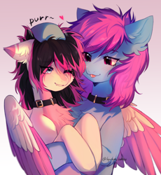 Size: 3640x3963 | Tagged: safe, artist:tyutya, derpibooru import, oc, oc only, oc:lunylin, oc:nohra, earth pony, pegasus, chest fluff, collar, colored belly, colored wings, couple, cute, ear fluff, ears, earth pony oc, hug, patting, pegasus oc, smiling, text, wings