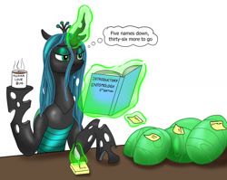 Size: 1280x1017 | Tagged: safe, artist:termyotter, derpibooru import, queen chrysalis, changeling, g4, egg, magic, quill, simple background, solo, white background