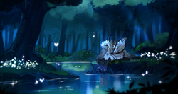 Size: 5000x2657 | Tagged: safe, artist:tyutya, derpibooru import, oc, oc only, butterfly, pony, butterfly wings, female, flower, forest, forest background, mare, nature, night, reflection, scenery, solo, tree, water, wings