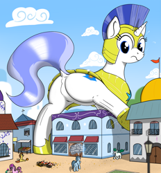 Size: 1999x2156 | Tagged: safe, artist:qkersnll, derpibooru import, pony, unicorn, armor, belly, body armor, butt, dialogue, featureless crotch, female, giantess, guardsmare, helmet, macro, mare, plot, royal guard, size difference