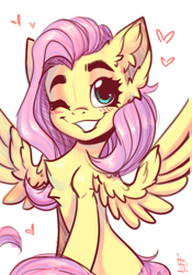 Size: 1430x2048 | Tagged: safe, alternate version, artist:falafeljake, derpibooru import, fluttershy, pegasus, pony, g4, blushing, chest fluff, cute, ear fluff, ears, eyebrows, female, grin, heart, looking at you, mare, one eye closed, shyabetes, signature, simple background, sitting, smiling, smiling at you, solo, spread wings, white background, wings, wink, winking at you