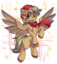 Size: 1700x1900 | Tagged: safe, artist:falafeljake, derpibooru import, oc, oc only, oc:coffee coat, pegasus, pony, chest fluff, clothes, ear fluff, ears, eyebrows, eyebrows visible through hair, flying, hat, looking at you, male, open mouth, open smile, pegasus oc, scarf, smiling, smiling at you, solo, spread wings, stallion, unshorn fetlocks, wings