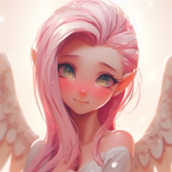 Size: 1024x1024 | Tagged: safe, ai content, derpibooru import, generator:dall-e 3, machine learning generated, fluttershy, human, g4, female, humanized, looking at you, prompter:ocillus, simple background, solo, white background, winged humanization, wings