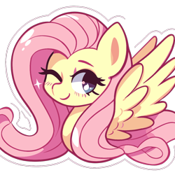Size: 1024x1024 | Tagged: safe, artist:fluttershysaidsyayyy, derpibooru import, fluttershy, pegasus, pony, g4, cute, one eye closed, shyabetes, simple background, smiling, solo, spread wings, sticker, transparent background, wings, wink