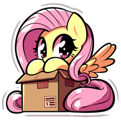 Size: 1024x1024 | Tagged: safe, artist:fluttershysaidsyayyy, derpibooru import, fluttershy, pony, g4, box, cardboard box, cute, pony in a box, simple background, solo, sticker, transparent background, vector, wingding eyes
