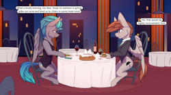 Size: 3600x2000 | Tagged: safe, artist:chapaevv, derpibooru import, oc, oc:blackburn, oc:lockwood, comic:royal anniversary, alcohol, bottle, burger, crisis equestria, duo, eating, food, glass, jewelry, married couple, restaurant, ring, sitting, speech bubble, sternocleidomastoid, text, wine, wine bottle, wine glass, wings