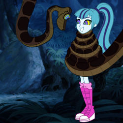 Size: 1078x1080 | Tagged: safe, artist:tyriuskishayinew14, derpibooru import, sonata dusk, human, snake, equestria girls, g4, coils, cute, duo, female, grin, humanized, hypno eyes, hypnosis, hypnotized, kaa, kaa eyes, looking at each other, looking at someone, male, smiling, smiling at each other, sonatabetes, wrapped up