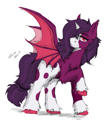 Size: 1173x1352 | Tagged: safe, artist:shamziwhite, derpibooru import, oc, oc only, bat pony, pony, undead, unicorn, vampire, vampony, bat wings, broken horn, ear fluff, ears, eyebrows, horn, looking at you, male, simple background, slit eyes, smiling, solo, spotted, spread wings, stallion, white background, wings