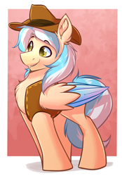 Size: 1952x2808 | Tagged: safe, artist:witchtaunter, derpibooru import, oc, oc only, pegasus, pony, chest fluff, clothes, commission, cowboy, cute, gradient background, hat, male, smiling, stallion, vest