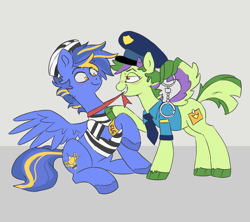 Size: 1487x1322 | Tagged: safe, artist:dimleyd, derpibooru import, oc, oc:dreamy damsel, oc:shining trophy, blush lines, blushing, cap, clothes, criminal, cuffs, female, grin, hat, looking at each other, looking at someone, male, mare, mouth hold, oc x oc, police, police uniform, roleplaying, shipping, smiling, stallion, straight, wing hands, wings