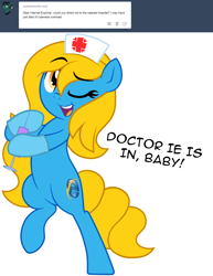 Size: 1280x1654 | Tagged: safe, artist:furrgroup, derpibooru import, oc, oc:internet explorer, pony, ask internet explorer, bipedal, browser ponies, hat, internet explorer, nurse hat, simple background, solo, syringe, white background