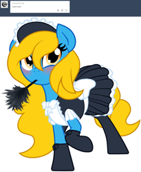 Size: 1280x1562 | Tagged: safe, artist:furrgroup, derpibooru import, oc, oc:internet explorer, earth pony, pony, ask internet explorer, blushing, browser ponies, clothes, duster, internet explorer, maid, mouth hold, simple background, solo, white background