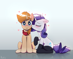 Size: 2664x2160 | Tagged: safe, artist:harukiicat, derpibooru import, rarity, oc, pony, unicorn, g4, blushing, canon x oc, clothes, duo, eyes closed, heart, heart eyes, kissing, love, nervous sweat, simple background, sitting, socks, surprised, wingding eyes