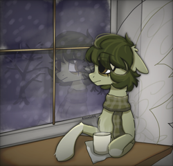 Size: 1950x1870 | Tagged: safe, artist:_alixxie_, derpibooru import, oc, oc only, oc:cora, flutter pony, clothes, reflection, sad, scarf, snow, snowfall, solo, striped scarf, tree, window