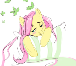 Size: 4000x3484 | Tagged: safe, artist:jorachan, derpibooru import, fluttershy, butterfly, pegasus, pony, g4, blushing, cute, female, high res, lidded eyes, mare, pillow, shyabetes, simple background, solo, white background