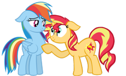 Size: 800x484 | Tagged: safe, artist:benpictures1, rainbow dash, sunset shimmer, pegasus, pony, unicorn, series:shimmerverse, read it and weep, alternate timeline, alternate universe, cute, dashabetes, inkscape, shimmerbetes, simple background, transparent background, vector
