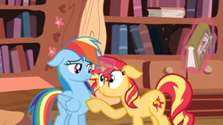 Size: 1474x828 | Tagged: safe, artist:benpictures1, rainbow dash, sunset shimmer, pegasus, pony, unicorn, series:shimmerverse, read it and weep, alternate timeline, alternate universe, cute, dashabetes, inkscape, shimmerbetes