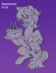 Size: 461x600 | Tagged: safe, artist:clowncarpal, oc, oc only, 16, cake, purple, purple background, simple background