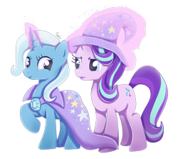 Size: 2078x1856 | Tagged: safe, artist:nnaly, artist:nnalyart, derpibooru import, starlight glimmer, trixie, pony, unicorn, g4, accessory swap, brooch, cape, clothes, duo, duo female, female, glowing, glowing horn, hat, horn, jewelry, levitation, looking at each other, looking at someone, magic, magic aura, mare, raised hoof, raised leg, signature, simple background, smiling, sparkles, telekinesis, the great and powerful, transparent background, trixie's brooch, trixie's cape, trixie's hat, wizard hat