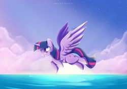 Size: 2580x1813 | Tagged: safe, artist:nnaly, artist:nnalyart, derpibooru import, twilight sparkle, twilight sparkle (alicorn), alicorn, pony, g4, cloud, female, flying, high res, mare, ocean, open mouth, open smile, signature, sky, smiling, solo, spread wings, stars, sun, water, wings
