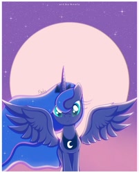 Size: 2072x2580 | Tagged: safe, artist:nnaly, artist:nnalyart, derpibooru import, princess luna, alicorn, pony, g4, ethereal mane, female, full moon, galaxy mane, high res, horn, looking at you, mare, moon, night, night sky, signature, sky, solo, sparkly eyes, spread wings, stars, wingding eyes, wings