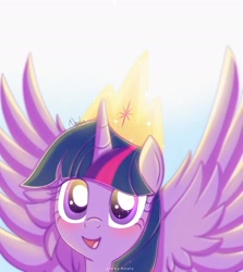 Size: 1975x2211 | Tagged: safe, artist:nnaly, artist:nnalyart, derpibooru import, twilight sparkle, twilight sparkle (alicorn), alicorn, pony, g4, the last problem, blushing, crown, cute, female, high res, horn, jewelry, looking at you, mare, open mouth, open smile, regalia, signature, smiling, smiling at you, solo, spread wings, twiabetes, wings