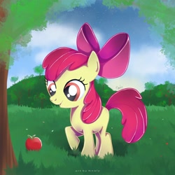 Size: 2000x2000 | Tagged: safe, artist:nnaly, artist:nnalyart, derpibooru import, apple bloom, earth pony, pony, g4, adorabloom, apple, apple bloom's bow, apple tree, blank flank, bow, cute, female, filly, foal, food, hair bow, high res, open mouth, outdoors, raised hoof, raised leg, signature, solo, tree