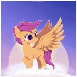 Size: 4100x4094 | Tagged: safe, artist:nnaly, artist:nnalyart, derpibooru import, scootaloo, pegasus, pony, g4, absurd resolution, blank flank, blushing, cloud, ear fluff, ears, female, filly, foal, large wings, looking back, on a cloud, scootaloo can fly, signature, smiling, solo, spread wings, wings