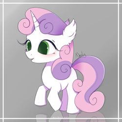 Size: 3500x3500 | Tagged: safe, artist:nnaly, artist:nnalyart, derpibooru import, sweetie belle, pony, unicorn, g4, blank flank, blushing, ear fluff, ears, female, filly, foal, high res, horn, open mouth, open smile, reflection, signature, simple background, smiling, solo