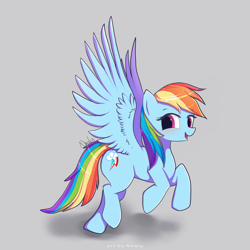 Size: 4000x4000 | Tagged: safe, artist:nnaly, artist:nnalyart, derpibooru import, rainbow dash, pegasus, pony, g4, absurd resolution, blushing, cute, dashabetes, female, gray background, looking at you, mare, open mouth, open smile, signature, simple background, smiling, smiling at you, solo, spread wings, wings