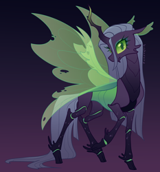 Size: 2300x2464 | Tagged: safe, artist:bishopony, derpibooru import, queen chrysalis, changeling, changeling queen, g4, alternate design, concave belly, gradient background, high res, looking at you, raised hoof, raised leg, side view, skinny, solo, thin, thin legs, wings