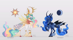 Size: 4500x2500 | Tagged: safe, artist:notdeezy, derpibooru import, princess celestia, princess luna, alicorn, bat pony, bat pony alicorn, pony, alternate design, bat wings, curved horn, duo, feathered fetlocks, female, gray background, high res, horn, horn jewelry, hybrid wings, jewelry, long feather, long muzzle, mare, peacock feathers, redesign, royal sisters, siblings, simple background, sisters, tail, tail feathers, unicorn beard, unshorn fetlocks, wings
