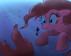 Size: 2048x1623 | Tagged: safe, artist:petaltwinkle, derpibooru import, pinkie pie, earth pony, human, pony, female, giant pony, macro, mare, ocean, scuba diving, scuba gear, silhouette, solo focus, underwater, water