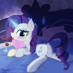 Size: 2048x2048 | Tagged: safe, artist:rayelli, derpibooru import, rarity, pony, unicorn, g4, alcohol, bed, bedroom eyes, blushing, butt, cute, drool, drool string, female, glass, looking at you, lying down, magic, night, plot, raribetes, rearity, solo, tongue, tongue out, wine, wine glass