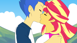 Size: 1500x845 | Tagged: safe, artist:daichigatari, derpibooru import, flash sentry, sunset shimmer, equestria girls, legend of everfree, female, flashimmer, kiss on the lips, kissing, male, shipping, straight