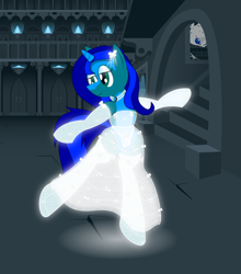 Size: 2004x2276 | Tagged: safe, artist:billy2345, derpibooru import, oc, oc only, oc:amberlue, pony, spider, unicorn, beautiful, bipedal, clothes, dancing, dress, female, followup, glowing, horn, legs in air, mare, smiling, solo, spider web, unicorn oc