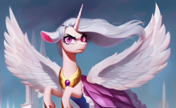 Size: 768x472 | Tagged: safe, ai content, derpibooru import, generator:stable diffusion, machine learning generated, oc, oc:princess zenobia, alicorn, alicorn oc, angry, horn, looking at you, wings