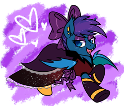 Size: 1298x1112 | Tagged: safe, artist:paperbagpony, derpibooru import, oc, oc only, oc:stardust(cosmiceclipse), bat pony, bat pony oc, bow, clothes, crossdressing, dress, hair bow, male, solo, stallion