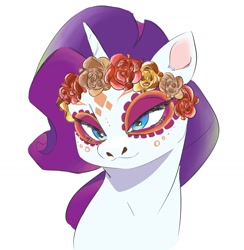 Size: 1730x1769 | Tagged: safe, artist:mayugraffiti, derpibooru import, rarity, pony, unicorn, bust, catrina (calavera garbancera), dia de los muertos, face paint, female, floral head wreath, flower, lidded eyes, mare, simple background, solo, white background