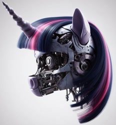 Size: 848x912 | Tagged: safe, ai content, derpibooru import, generator:bing image creator, generator:dall-e 3, machine learning generated, twilight sparkle, pony, robot, robot pony, unicorn, clothes, cute, detailed, female, hole, mane, mare, metal, only head, quality, realistic, scope, twibot, uniform, weapon